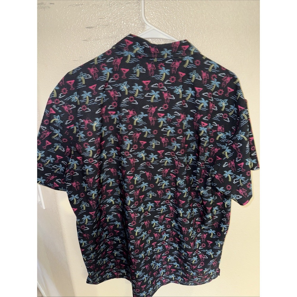 Retro Rifle Shirt Mens XL Black Pink Tropical Palm Girl Martini Button Real Nice - Picture 2 of 2